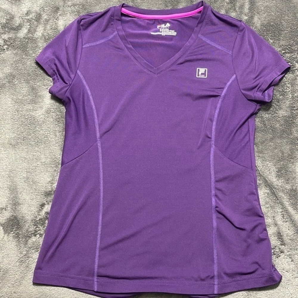 Fila Sport Small T-Shirt Womens Purple V-Neck Mesh Inset Short Sleeve Activewear